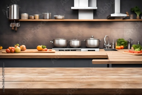 Empty wooden table and blurred modern kitchen background provide an excellent setup for product display. Creates a sleek and professional ambiance to showcase items effectively.