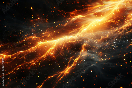Fiery Wave of Glowing Particles. Flowing wave of fiery particles on a dark backdrop, suggesting motion.