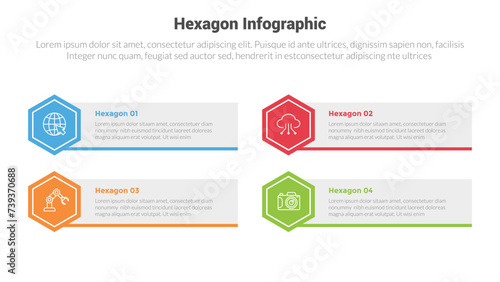hexagon or hexagonal honeycombs shape infographics template diagram with rectangle box and footer accessories with 4 point step creative design for slide presentation