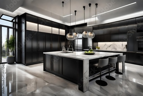 Black / gray modern kitchen interior with island, sink, cabinets, kitchen appliances and marble floor in a new luxury home.