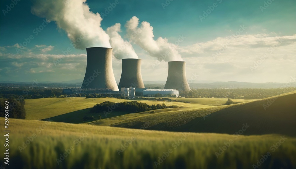 atomic power plant in the distance, with scenic landscape atomic power plant in the distance, with scenic landscape