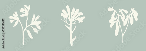 Handmade linocut sprig wildflower collection vector motif clipart in folkart scandi style. Simple monochrome block print shapes with woodcut white chic effect set.