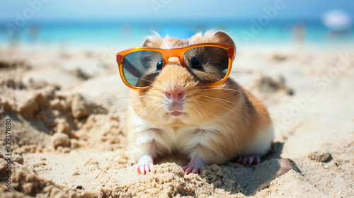 Hamster with sunglasses on the beach