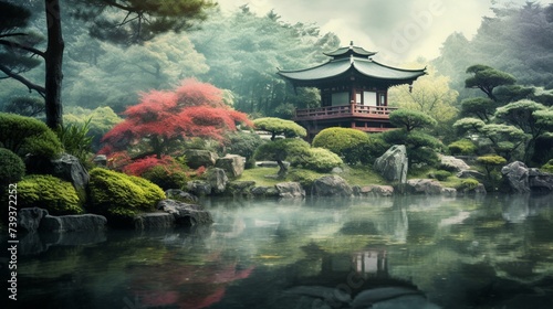 A digital background design inspired by the tranquility of a Japanese garden, capturing the fine details and serene atmosphere, resembling a high-quality photograph,