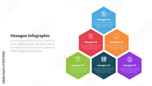 hexagon or hexagonal honeycombs shape infographics template diagram with triangle pyramid structure with 6 point step creative design for slide presentation