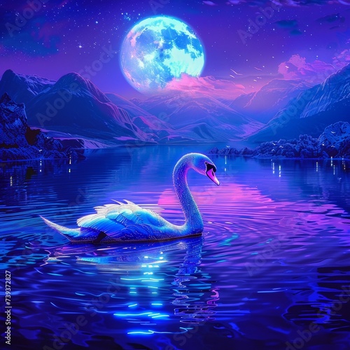 Enchanted neon swan gliding across a moonlit neon lake © Virtual Art Studio