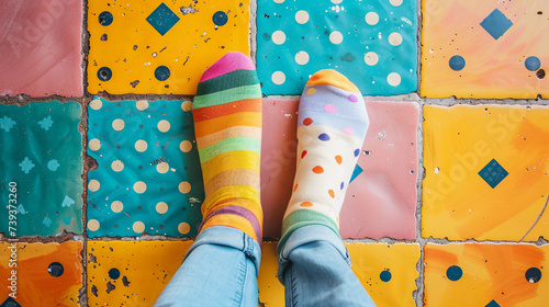 Wallpaper Mural legs in two different colorful socks on a colorful floor Torontodigital.ca