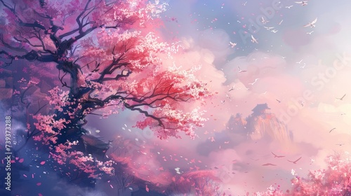 Fantasy Sakura cherry blossom Japanese landscape background.