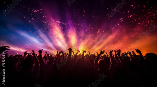 Silhouettes of a crowd of people with their hands up and having fun on the dance floor against the background of bright stage lights and confetti at a concert, nightclub.