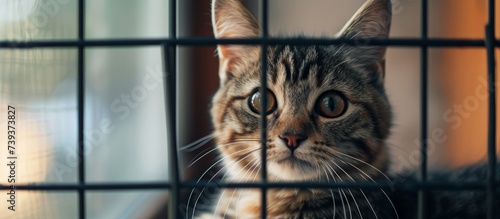 Curious tabby cat in a small cage staring directly at the camera with bright eyes photo