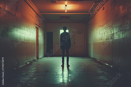 Mysterious Man Standing Alone in a Dark Hallway at Night © vanilnilnilla