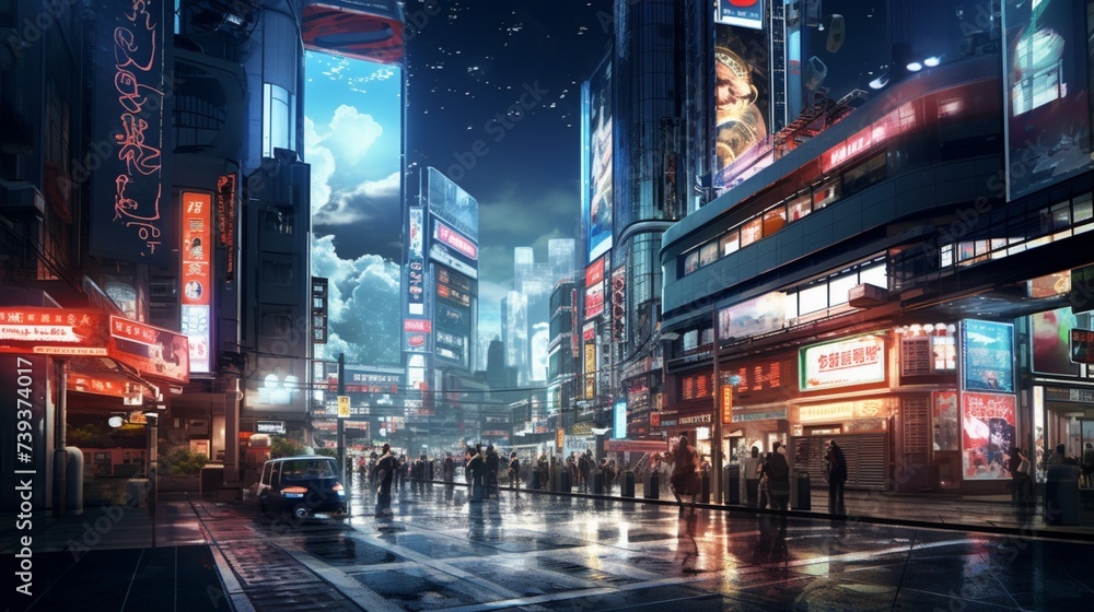 A highly detailed and captivating digital background inspired by the vibrant and bustling streets of Tokyo, showcasing the urban energy and realism, akin to an HD image, - obrazy, fototapety, plakaty 