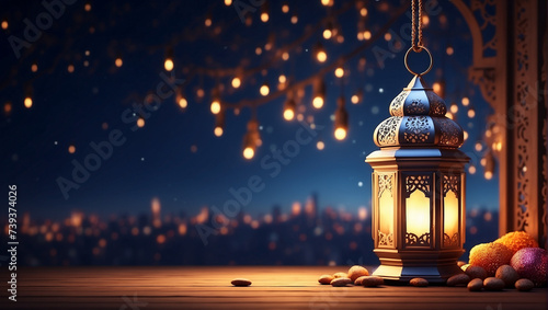 Hanging lantern with night sky and city - blessed month Ramadan Kareem