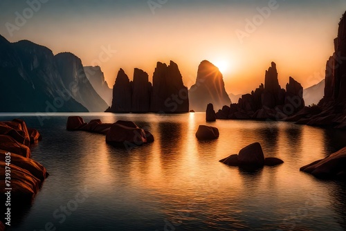 Grand rock formations surrounding a tranquil lake, their jagged silhouettes etched against the canvas of a vibrant, setting sun.