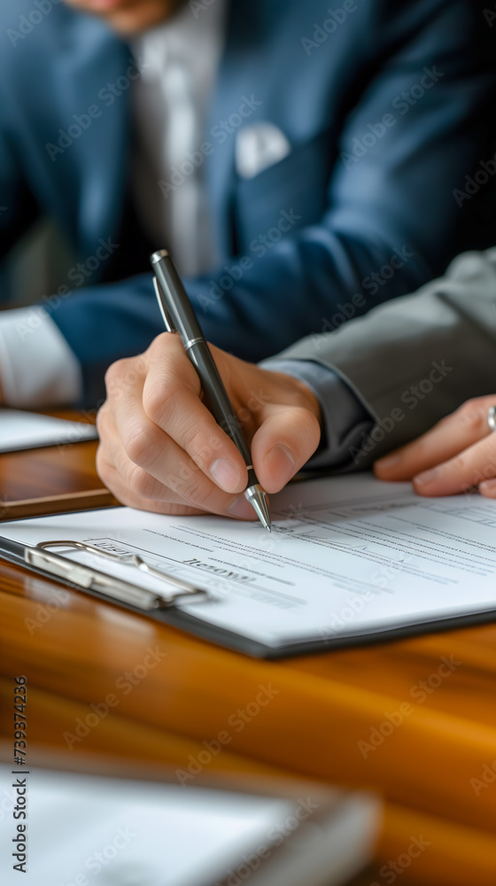 Une personne en train de signer un document écrit au format portrait. Une personne en train de signer un document écrit au format portrait.