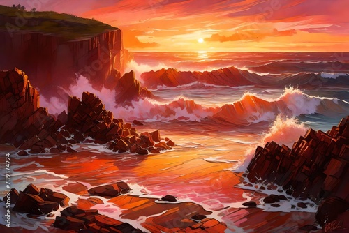 Waves crashing against rugged cliffs as the sun sets, painting the sky in warm hues of orange and pink.