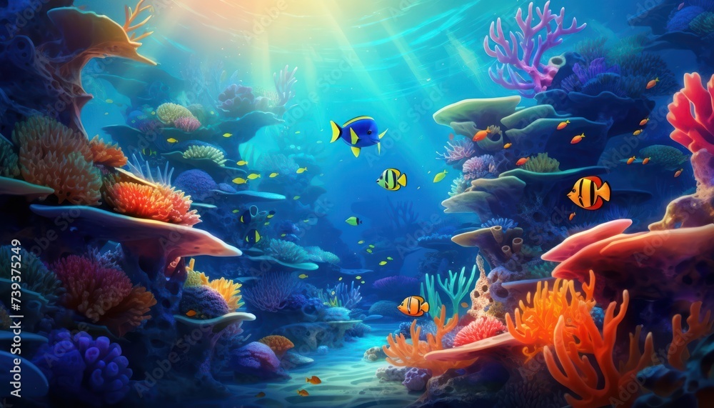 Fish in the water, coral reef, underwater life, various fish and exotic coral reefs