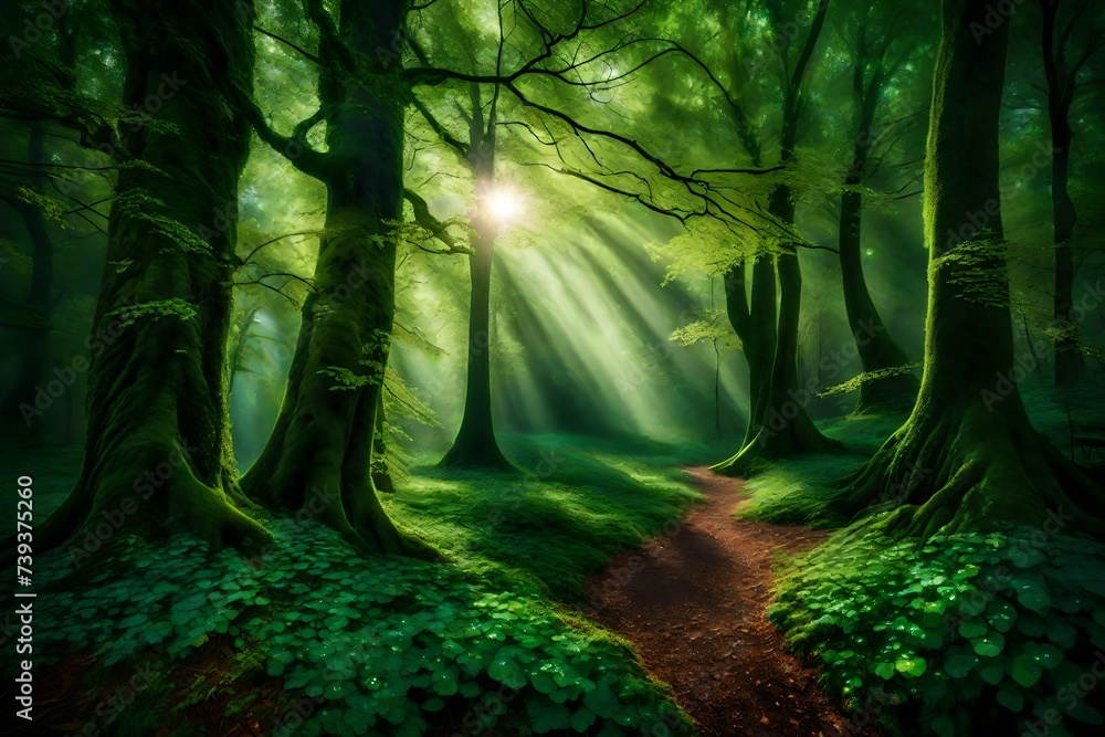 A dense and magical forest with trees adorned in every imaginable shade of green, their leaves glistening with dewdrops.