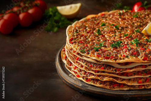 Stack of Lahmacun. Brown background, side view.  Space for text. Minced meat, tomato. Lahmajoun. Lahmajo. Lahmajoon.  photo