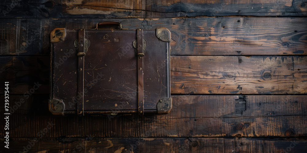 Antique Suitcase on Wooden Floor. Close-up of a weathered vintage suitcase resting on an old wooden floor, evoking nostalgia, copy space.