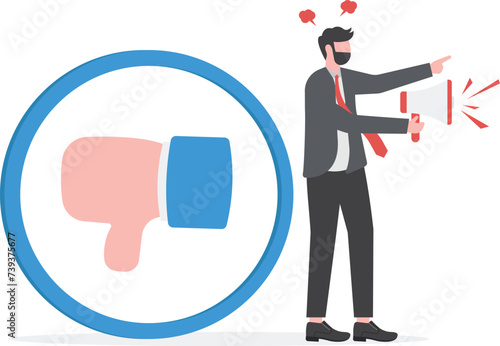 Discredit or blame other people, bullying and discourage speaking, fake news or negative feedback concept, bad businessmen with megaphone discredit and blaming other people on thumb down symbol.


