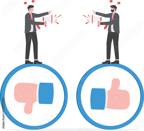 Conflict and argument between colleagues, controversy or difference opinion, disagree, confrontation or rivalry fighting concept, businessman and woman furious arguing on difference thumb up and down.