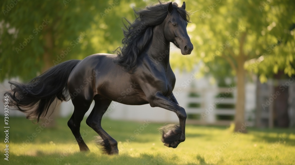 Beautiful black horse running on the lawn. Outdoor background. Beautiful black horse running on the lawn. Outdoor background.