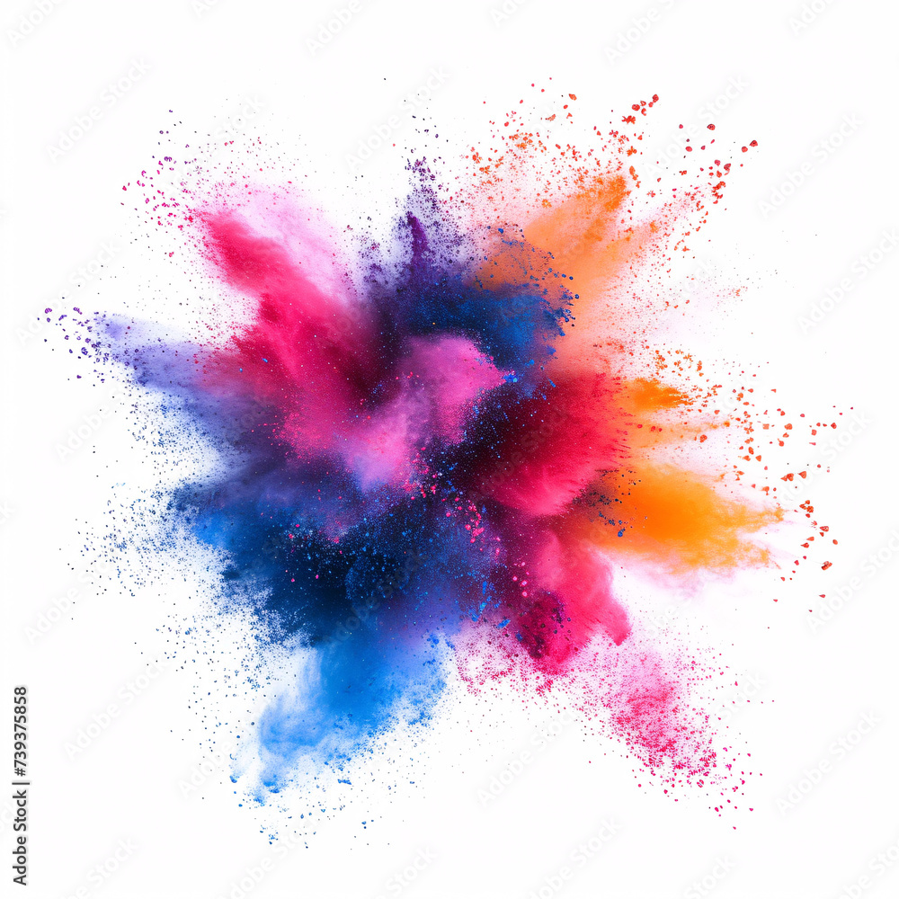 Explosion of colored powder. Close up dust isolated on white background, with full depth of field and deep focus fusion 