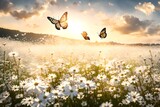 A breathtaking view of a meadow covered in pure white flowers, with the sun rising in the background and a butterfly gracefully soaring through the air.