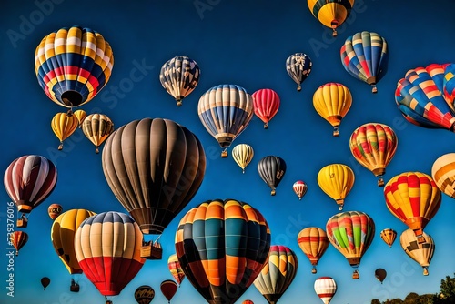 A hot air balloon festival against a deep blue sky, featuring balloons of various shapes and colors.