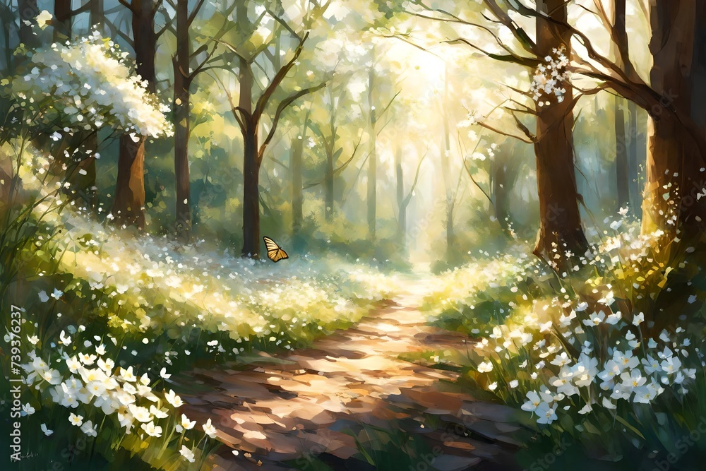 A sun-dappled clearing in a dense forest, adorned with blooming white flowers, and a butterfly dancing in the gentle morning sunlight.