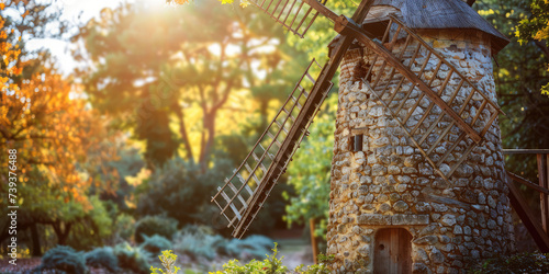 Rustic Windmill in Countryside. Serene rural scene with an old wooden windmill amidst a wildflower meadow, copy space.