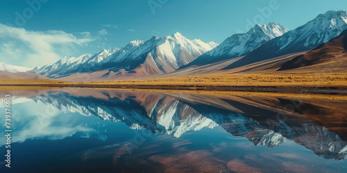 Snow-Capped Mountain Reflections on Lake Water. Pristine lake mirroring a majestic mountain range under clear skies.