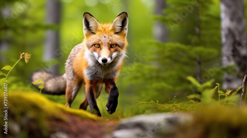 Beautiful red fox in the forest, outdoor wild nature background with copy space. © Sunny_nsk