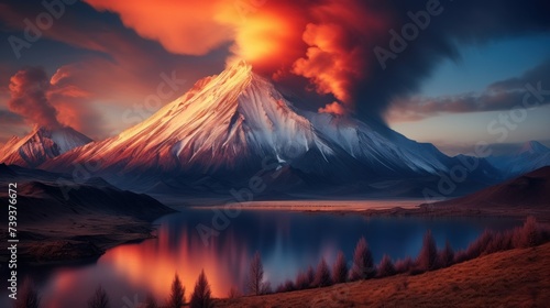 Photo Volcano mountain fire eruption volcanic lava, danger magma explosion crater