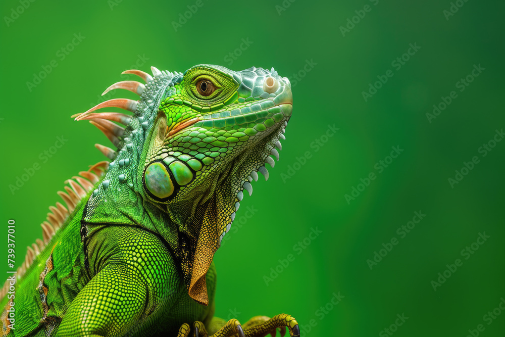 Obraz premium Crested Iguana on green background copy space