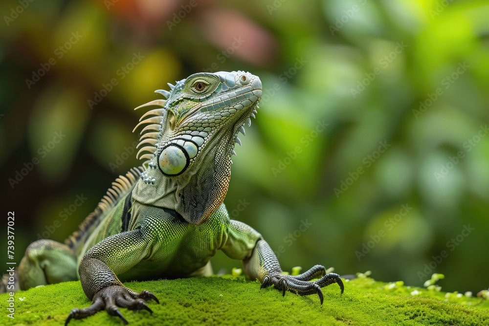 Crested Iguana on green background copy space Crested Iguana on green background copy space