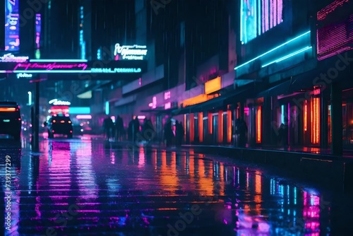 A futuristic cityscape illuminated by a multitude of neon lights, casting reflections on a sleek, wet pavement after a refreshing rain.