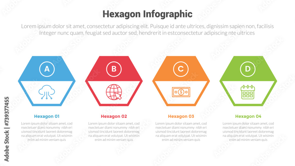 hexagon or hexagonal honeycombs shape infographics template diagram with outline shape with strong header on horizontal direction with 4 point step creative design for slide presentation