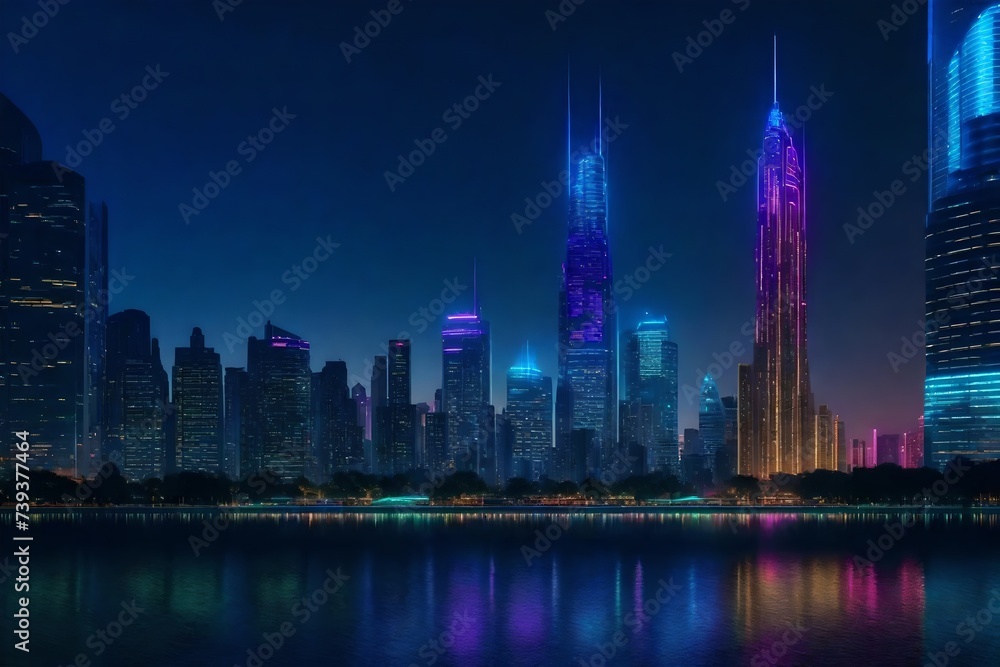A futuristic city skyline at dusk, with illuminated skyscrapers reflecting in a river with colorful lights.