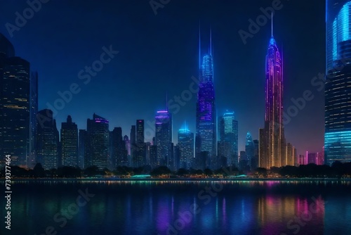 A futuristic city skyline at dusk  with illuminated skyscrapers reflecting in a river with colorful lights.