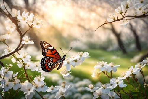 A serene spring morning, white blossoms adorning lush greenery, a vibrant butterfly dancing in the first light of sunrise.