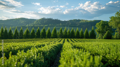 Thuja plantation or pine forest panoramic view, Ecology concept & Green world, Save the planet background illustration