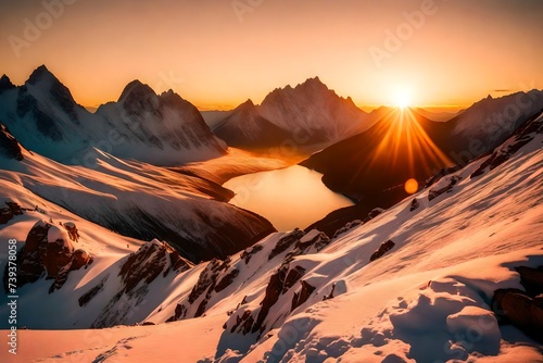 Majestic mountain peaks bathed in the warm hues of a Norwegian sunset, casting long shadows across the serene landscape.