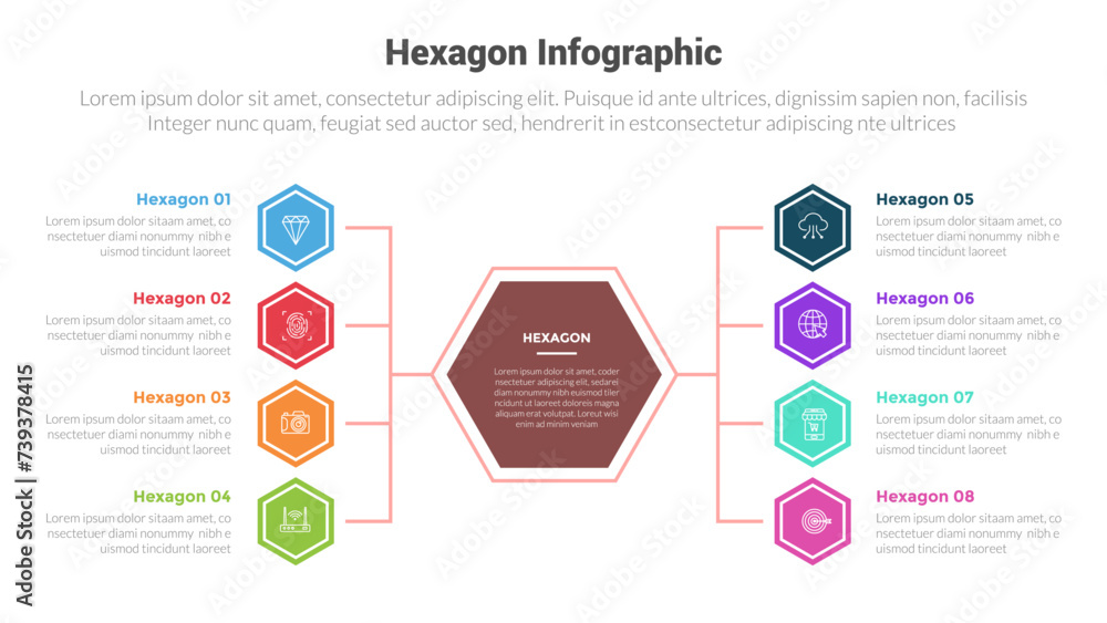 hexagon or hexagonal honeycombs shape infographics template diagram with big center and linked structure balance left and right with 8 point step creative design for slide presentation hexagon or hexagonal honeycombs shape infographics template diagram with big center and linked structure balance left and right with 8 point step creative design for slide presentation