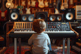 Baby Boy at the Mixing Console in a Music Studio