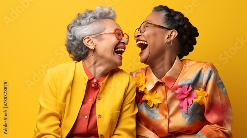 Two elderly woman of different races hugging and laughing on a yellow background © Imtiaz