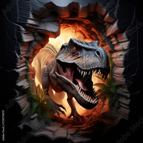 a dinosaur is coming out of a cave with its mouth open,generated bi AI © tino