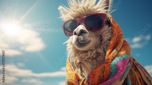 trendy modern alpaca lama animal in stylish glasses Camel in sunglass shade glasses isolated on solid © Imtiaz