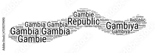 Black and white word cloud in Gambia shape. Simple typography style country illustration. Plain Gambia black text cloud on white background. Vector illustration.